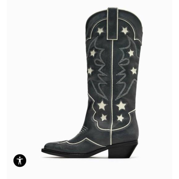 Zara Shoes - NWT Zara Star Leather Distressed Cowboy Boots Black Size 9